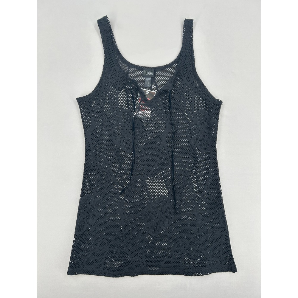 Donna Black Crochet Knit Lace Up Front Tank Top Floral Mesh Cover Up Medium - Picture 2 of 11